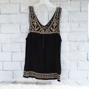 Lucky Brand Black Tank Top with Cream Embroidery